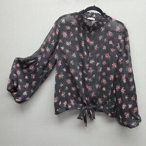 Maurices Blouse Womens 2XL Black Floral Sheer Long Sleeve Tie Front Top Peasant